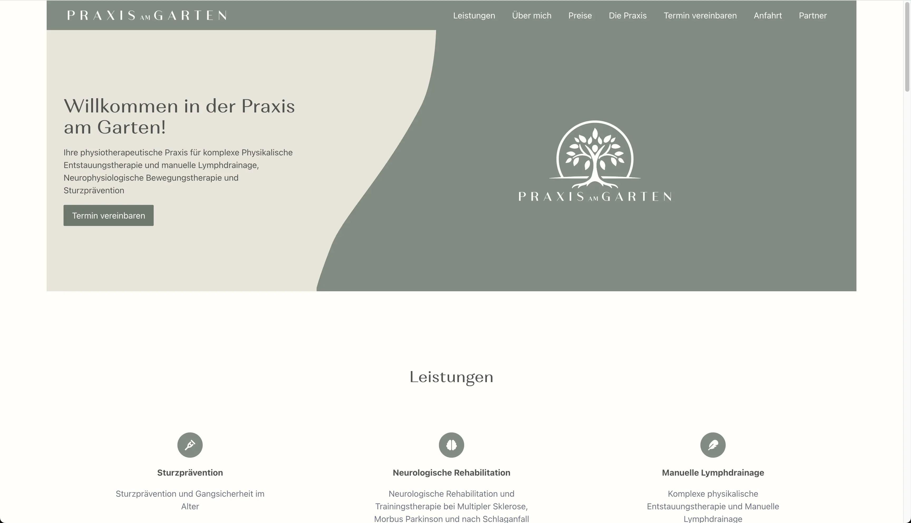 Praxis am Garten physiotherapy website interface