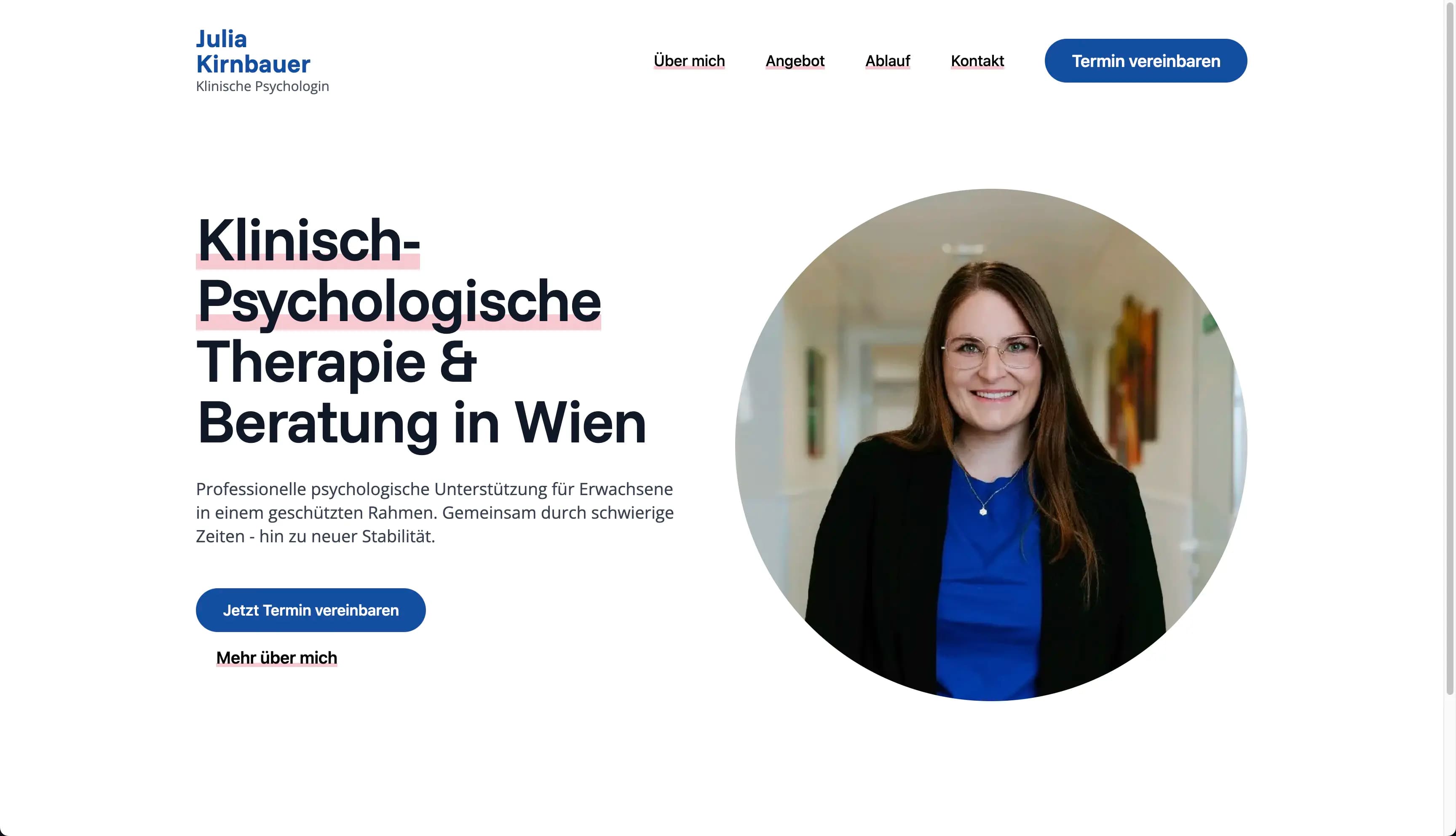 Julia Kirnbauer psychology practice website interface
