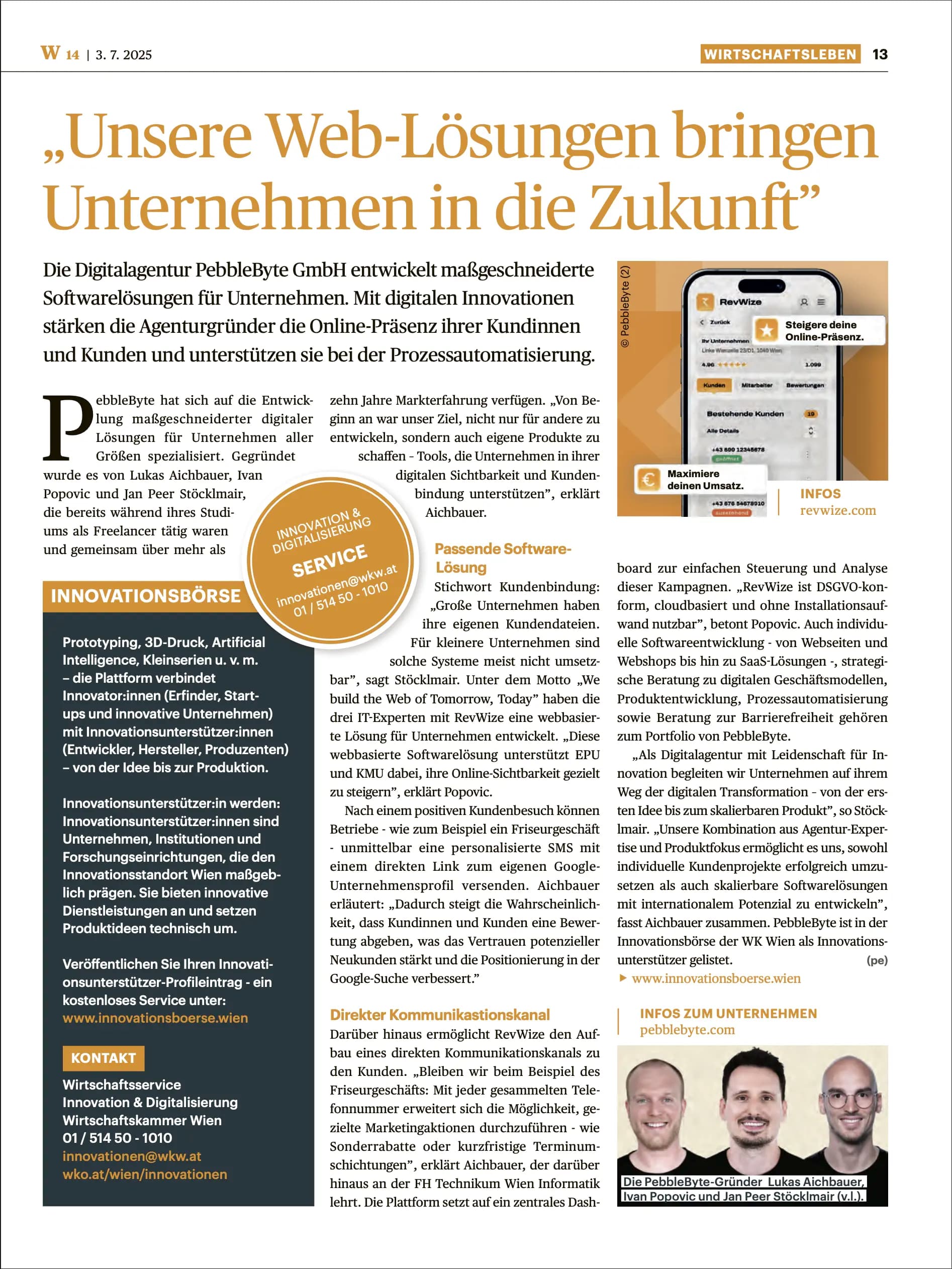 Wiener Wirtschaft Artikel über PebbleByte und RevWize